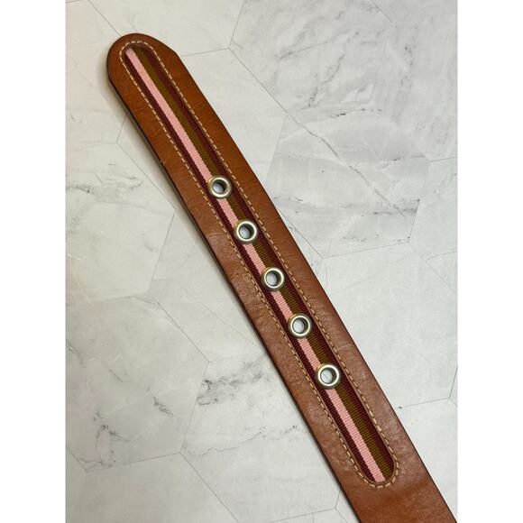 Fossil Brown Leather Sz Medium Womens Belt Silver Tone Buckle Pink Olive Stripe - Picture 6 of 7